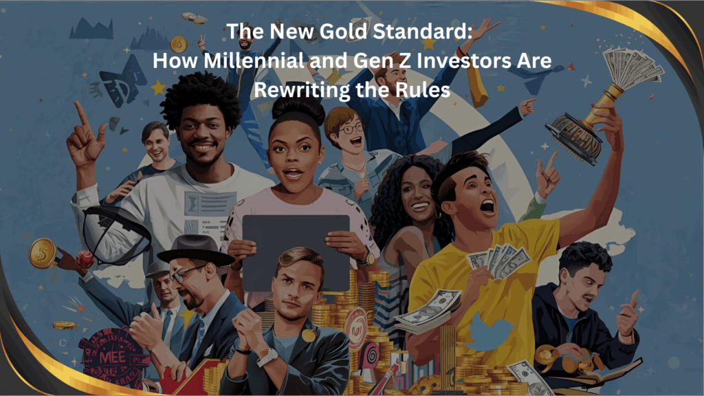 A diverse group of young investors celebrating financial success with gold coins, cash, and digital icons — representing how Millennials and Gen Z are redefining gold investing.