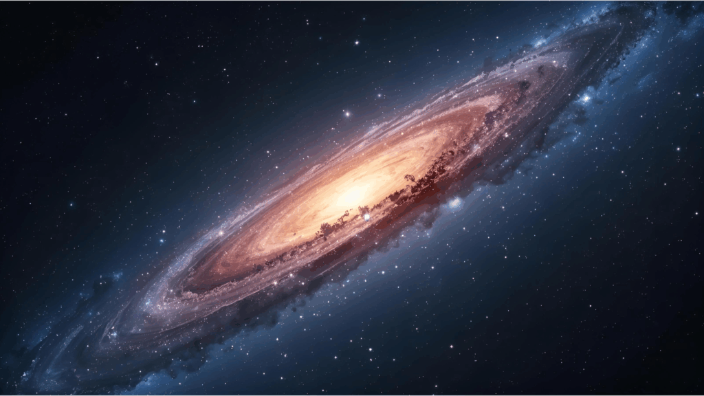 A beautiful spiral galaxy rotating in deep space, featuring a bright orange-yellow core and blue spiral arms against a backdrop of dark stars.