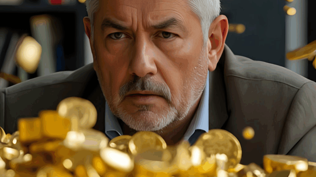 Middle-aged man intensely looking at a large pile of gold coins, symbolizing the intense greed and fixation of Fear Of Missing Out (FOMO) buying.