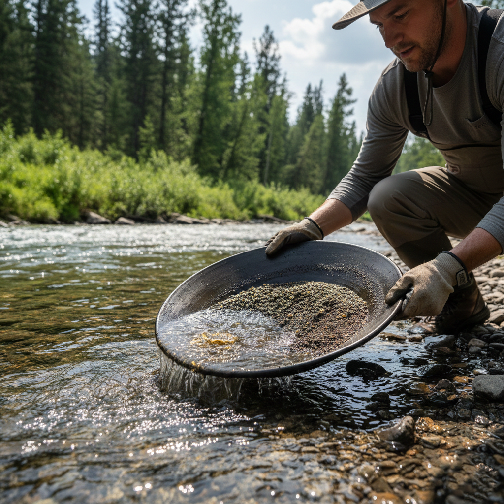 A man panning for gold in a sunny, clear mountain river, holding a black gold pan containing dark sand and fine yellow gold flakes.