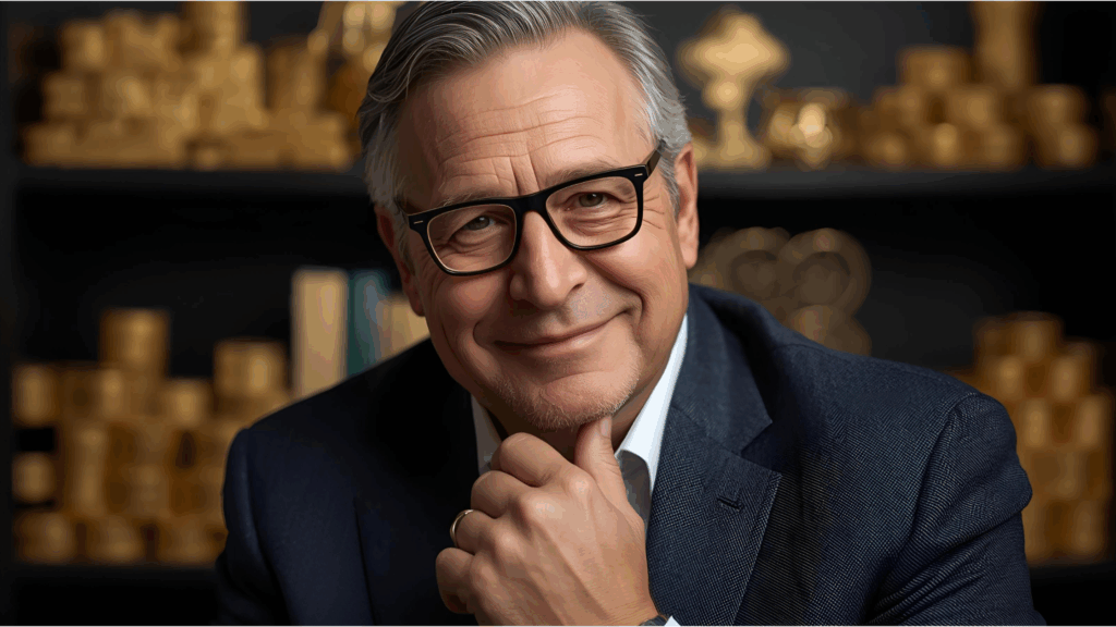 Close-up of a smiling, confident happy investor wearing glasses, with shelves of stacked gold coins and bars visible in the blurred background.