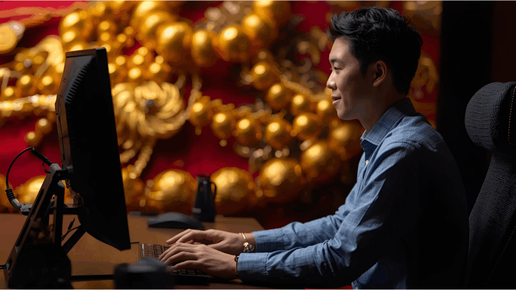 A man tracking gold prices and market data on a computer screen, surrounded by decorative gold elements.