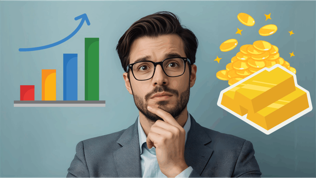 A thoughtful investor looking at a financial growth chart on one side and a pile of gold bars and coins on the other, weighing investment strategy options.