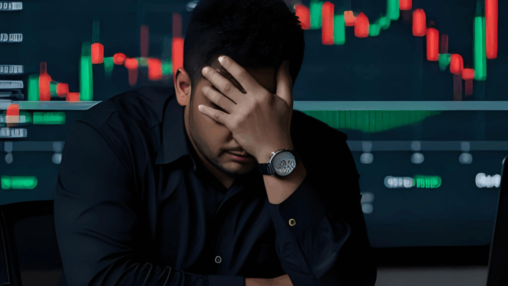 Stressed investor holding head in front of stock chart showing a sharp drop, illustrating the emotional cost of FOMO trading.