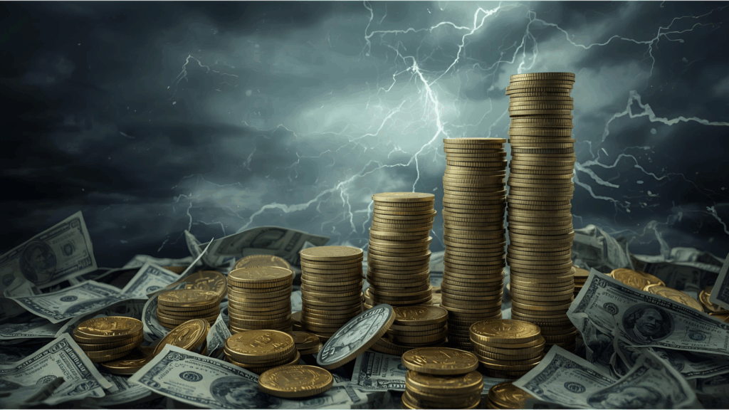 Stacks of gold coins and scattered paper money under a dark, stormy sky with lightning, representing an unstable monetary system and economic risk.