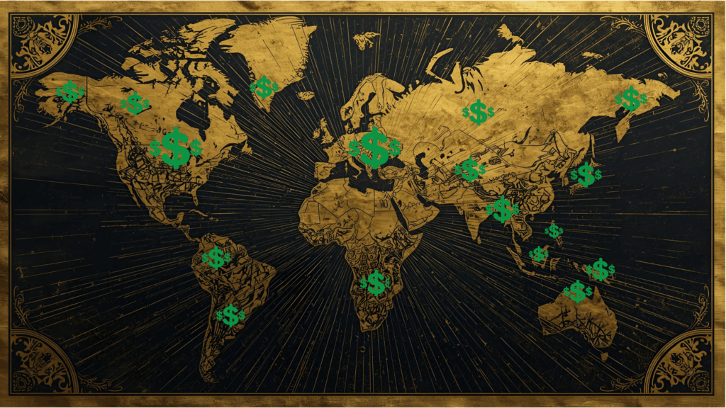 World map graphic highlighting the global use and weaponization of the US dollar in international finance, showing green dollar signs over various continents.