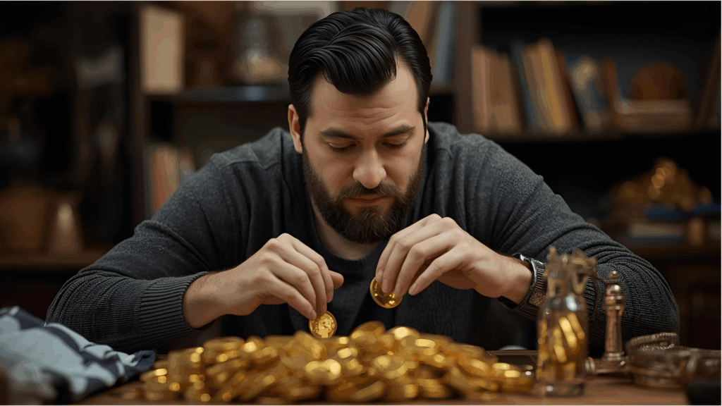 Man sorting through a large pile of gold coins, closely inspecting them to assess value and purity.
