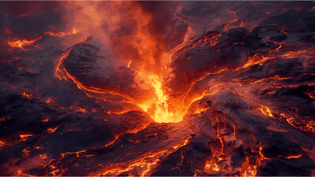 Dramatic, high-angle view of a primordial earth landscape, showing an intense volcanic eruption and molten lava flowing across dark, cracked rock.