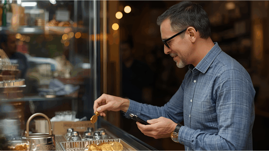 Man holding a phone and two gold coins, looking into a display case, representing the critical decision of when and where to sell gold.