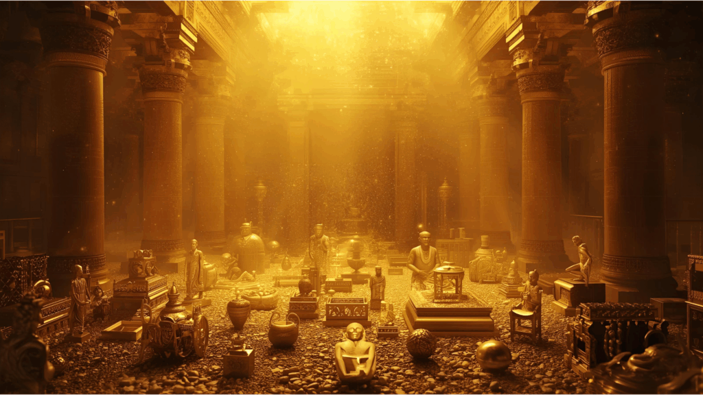 A glowing, golden, ancient treasure room filled with statues, artifacts, vases, and columns, emphasizing gold's historical value.