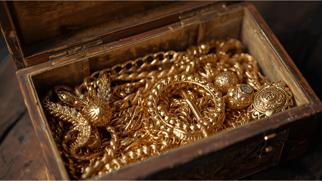 An open wooden treasure chest overflowing with various gold chains, rings, and unwanted scrap jewelry.