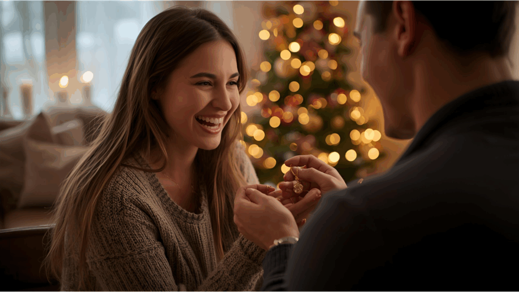 Man gifting a gold necklace or pendant to a smiling woman during the holidays, with a Christmas tree in the background.
