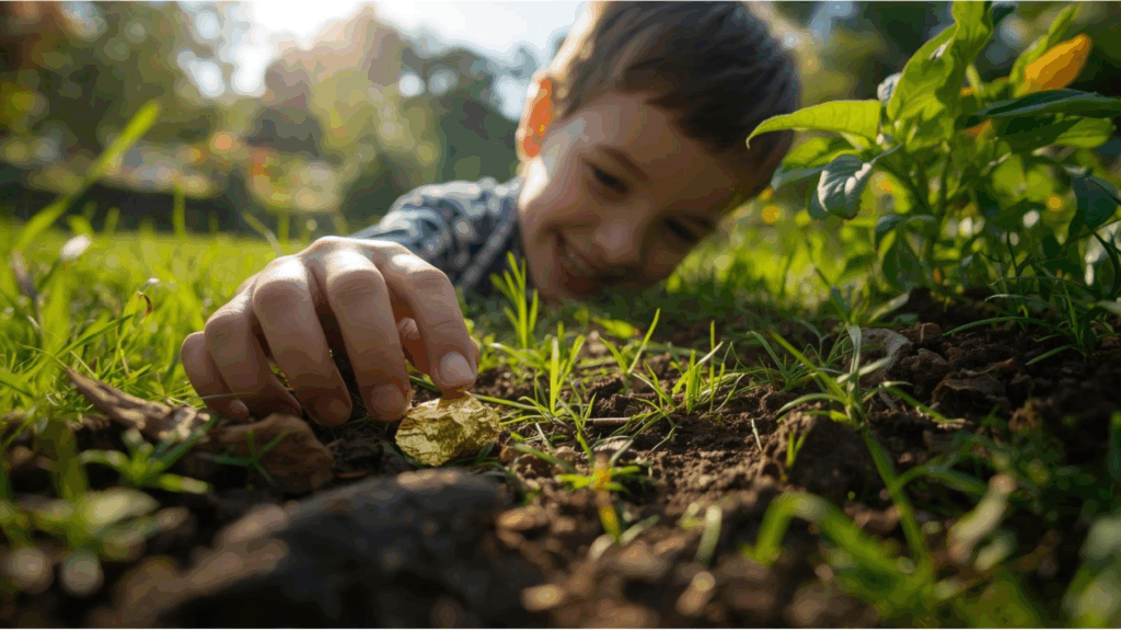 A young boy in a sunlit garden smiling as he discovers a small, shiny gold nugget in the dark soil.