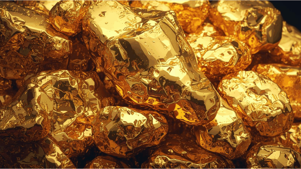 A cinematic, close-up view of a pile of large, wet gold nuggets reflecting bright light.