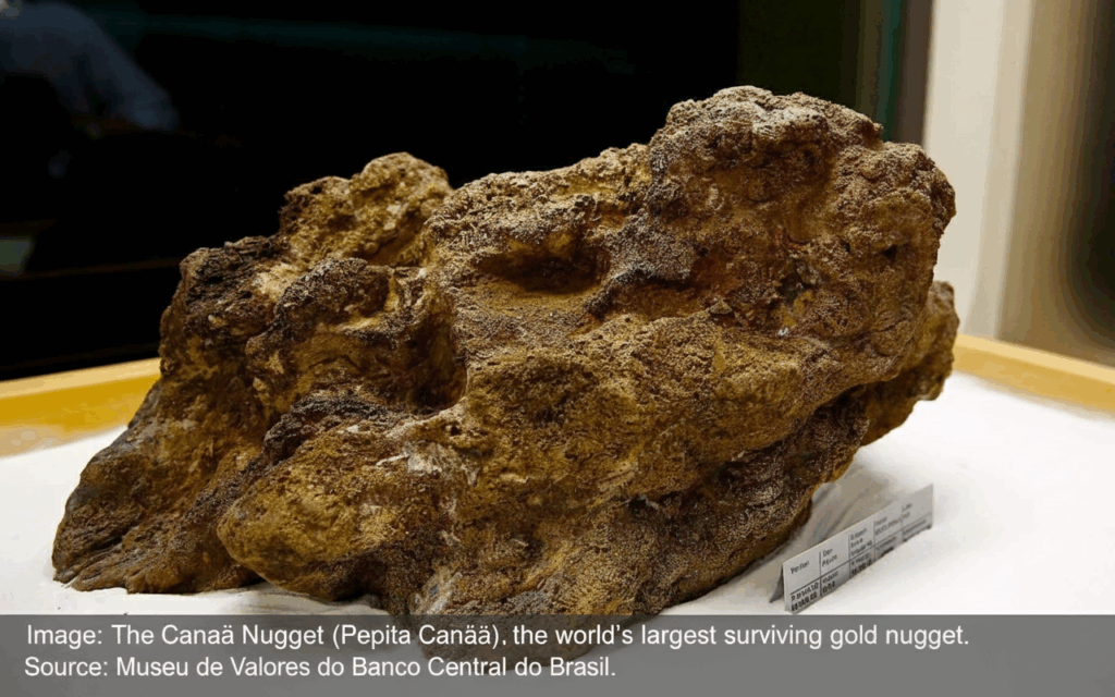 The Pepita Canaã, a massive 60.8kg natural gold nugget, displayed at the Museu de Valores in Brazil.