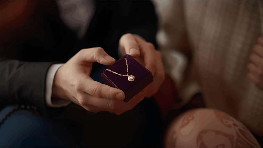 Close-up of hands presenting a delicate gold pendant necklace with a diamond in a purple velvet box.