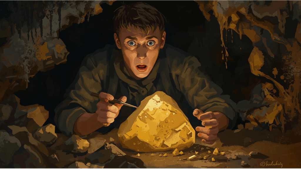 Artistic illustration of a shocked young miner unearthing a large, glowing triangular gold nugget in a dark Russian mine.