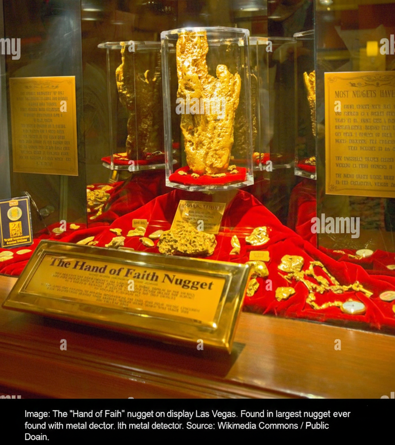 The Hand of Faith gold nugget housed in a vertical glass display case at the Golden Nugget Casino in Las Vegas.