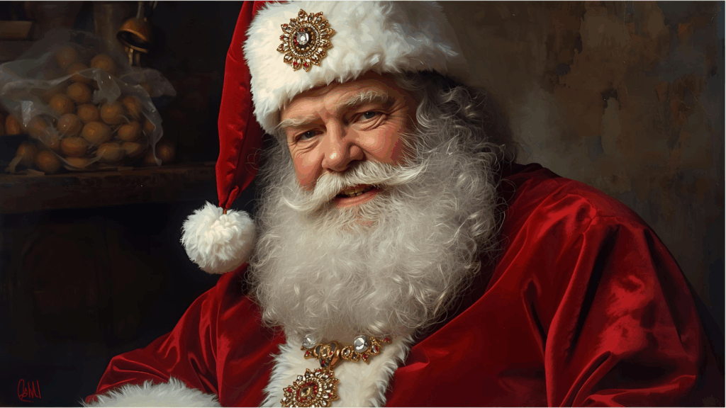 A traditional portrait of Santa Claus wearing a festive red suit and a large, jewel-encrusted gold pendant.
