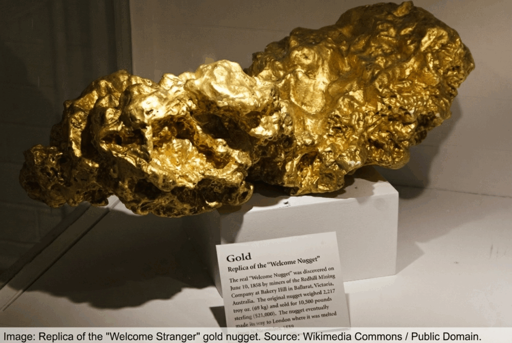 A high-quality museum replica of the "Welcome Stranger" gold nugget, the largest ever found, displayed on a white pedestal with an information card.