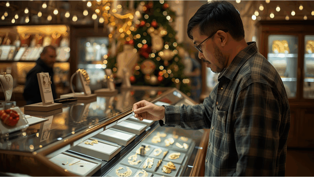 Man in a plaid shirt carefully examining gold jewelry in a brightly lit display case at a jeweler during Christmas shopping.