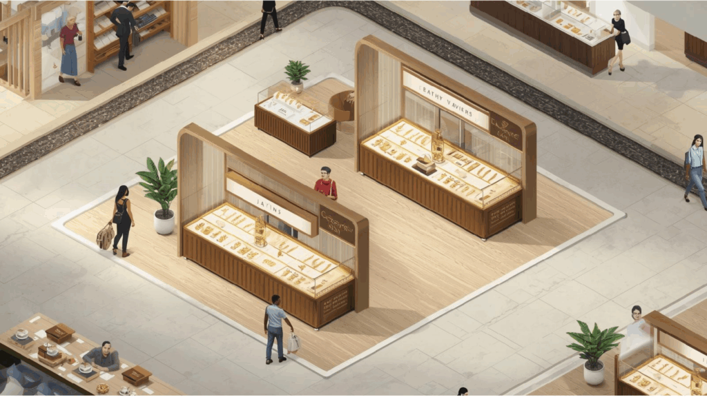 An isometric architectural illustration of a modern shopping mall with several jewelry and gold-buying kiosks.