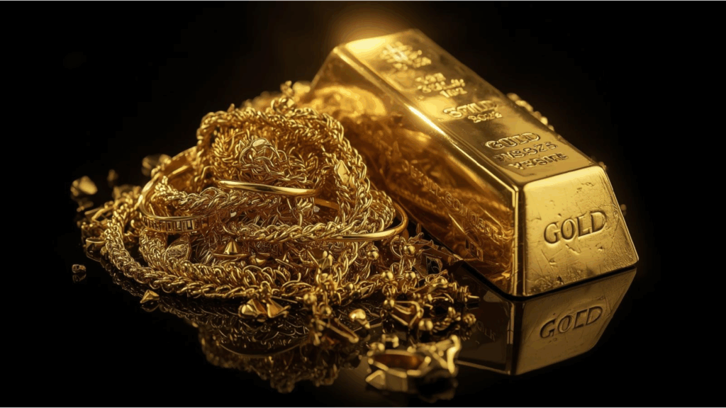 A high-purity gold bullion bar resting next to a tangled pile of gold chains and jewelry on a reflective black surface.