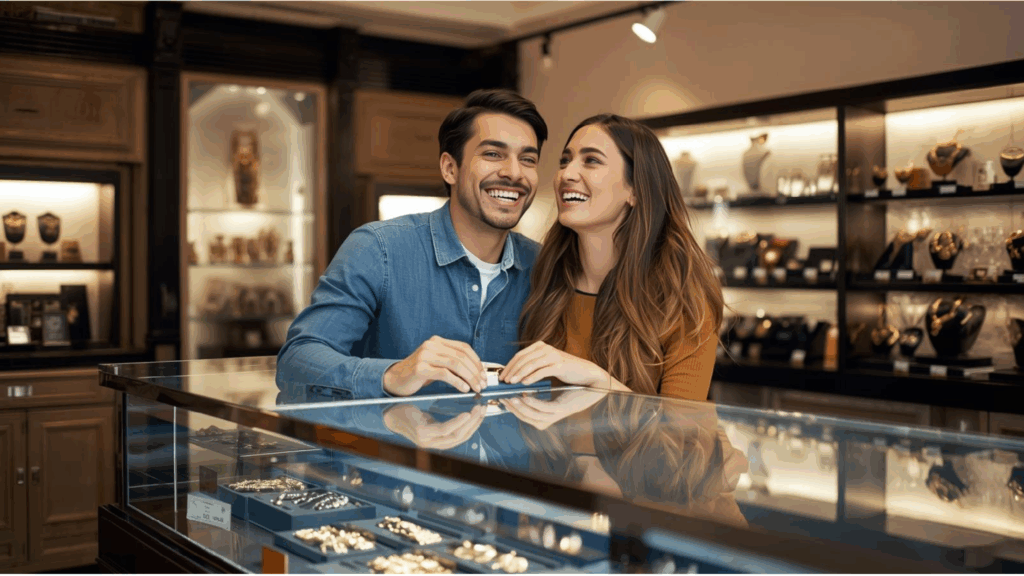 A happy couple smiling and laughing while looking at a jewelry display case in a well-lit, high-end store.
