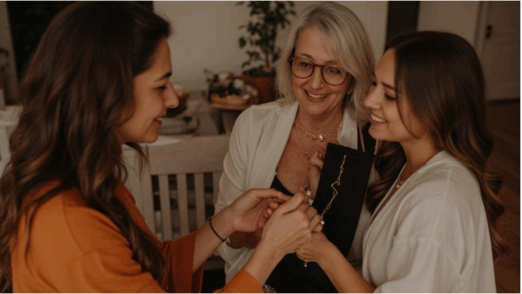 An older woman smiling as she looks at a gold necklace being held by two younger women, symbolizing the transfer of wealth.