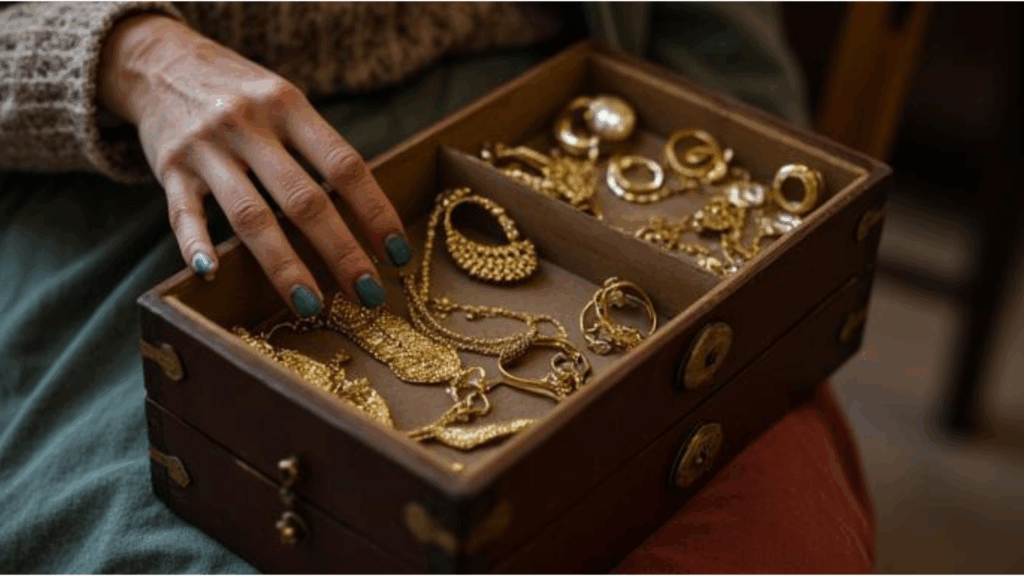 A hand touching a variety of gold jewelry and coins inside a vintage wooden chest or jewelry box.