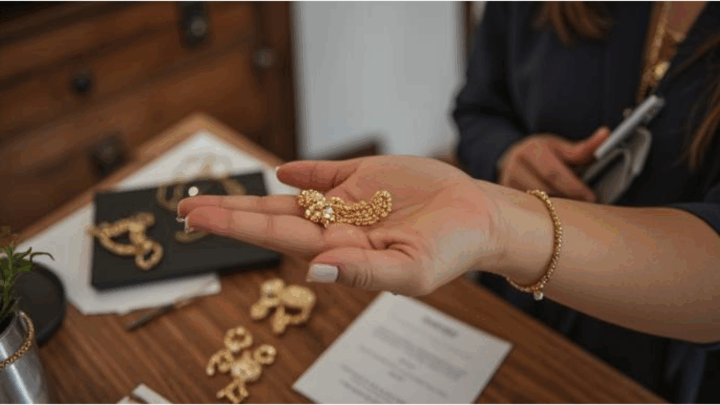 A person holding a piece of gold jewelry in their palm over a wooden counter with other gold items and documents.
