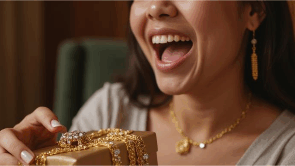 A woman smiling with excitement while looking at a gold gift box filled with gold jewelry and chains.