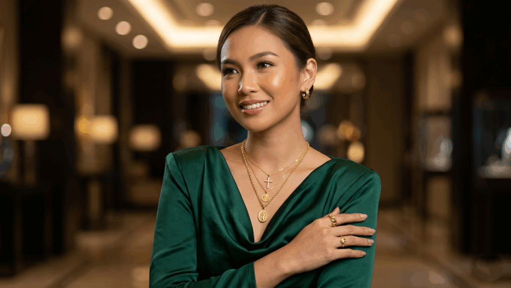 Filipina model in a green silk dress wearing layered 18k gold necklaces, cross pendant, and gold rings.