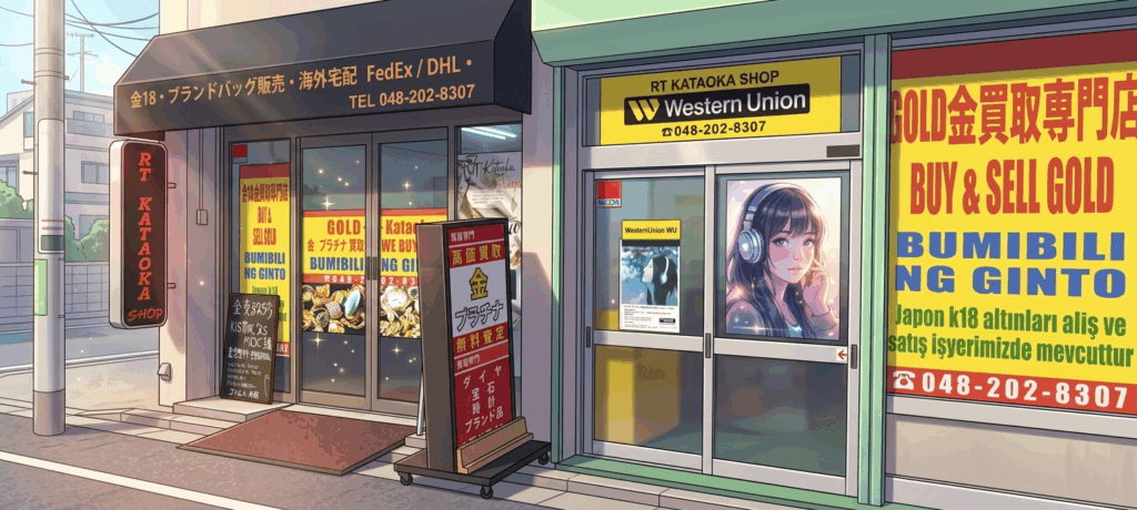 An anime-style illustration of the RT Kataoka gold buying and selling shop in Japan, featuring signs for Western Union and "Bumibili ng Ginto".